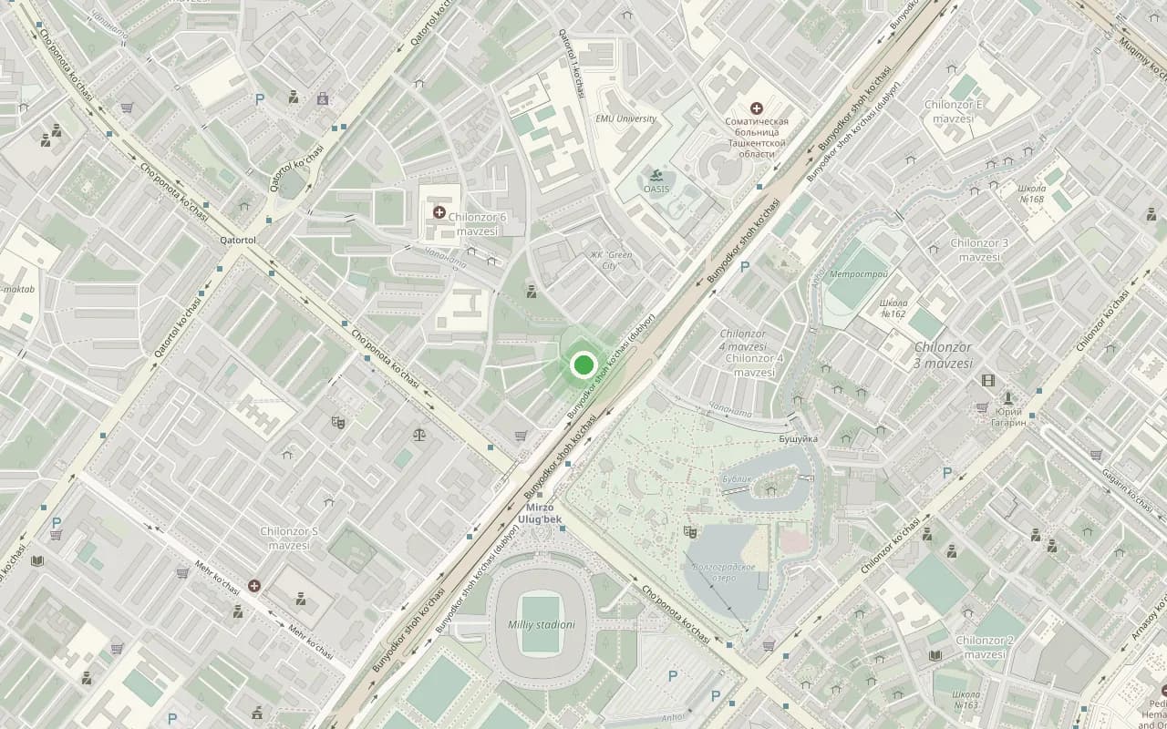 Карта района вокруг академии в Чиланзаре, Ташкент: к югу станция метро Мирзо Улугбек, ниже неё Национальный стадион, между ними проспект Бунёдкор.